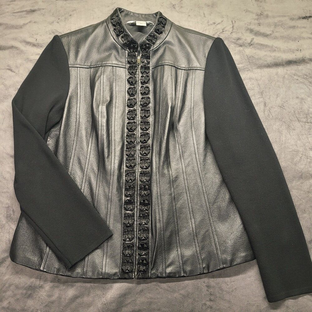 Nygard Collection Black Full Zip Leather Sweater Jacket Size M Moto
